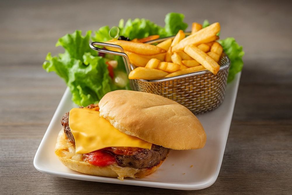Le maxi burger maison, bun Pozzoli et frites