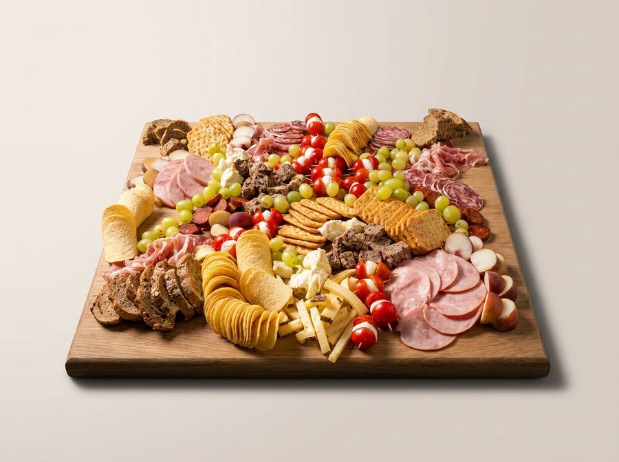 Planche apéritive de charcuteries, fromages et fruits, vue de face